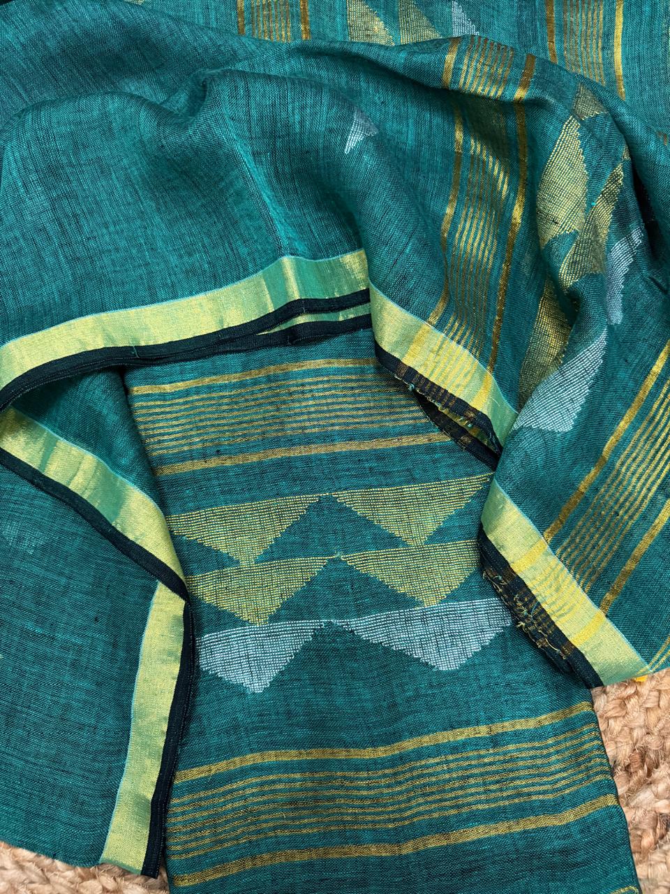 Handwoven 60 Lea linen suit fabric in teal green – inverted triangle Zari motifs, Indian handloom 2-pc unstitched set