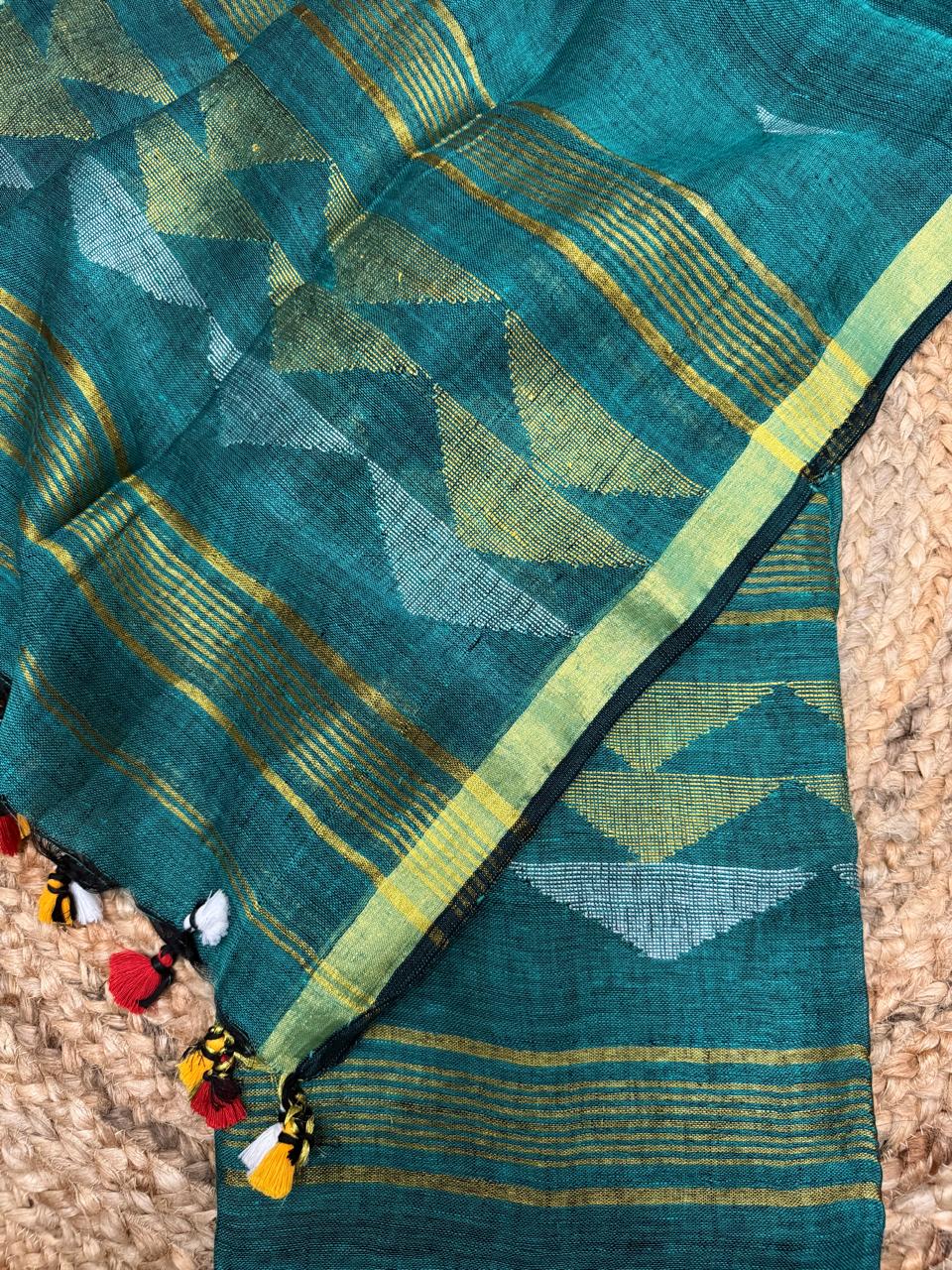 60 Lea linen 2-piece unstitched suit fabric in teal green – geometric inverted triangle motifs and daman border, handloom