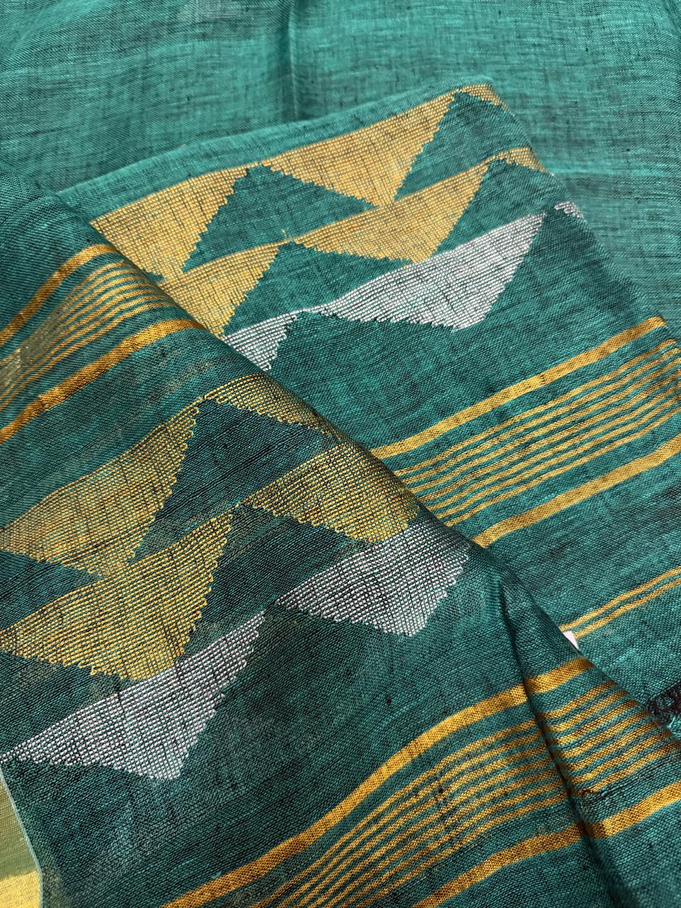 Handwoven teal green linen suit fabric unstitched – inverted triangle Zari pattern, Indian handloom Kurta Dupatta set