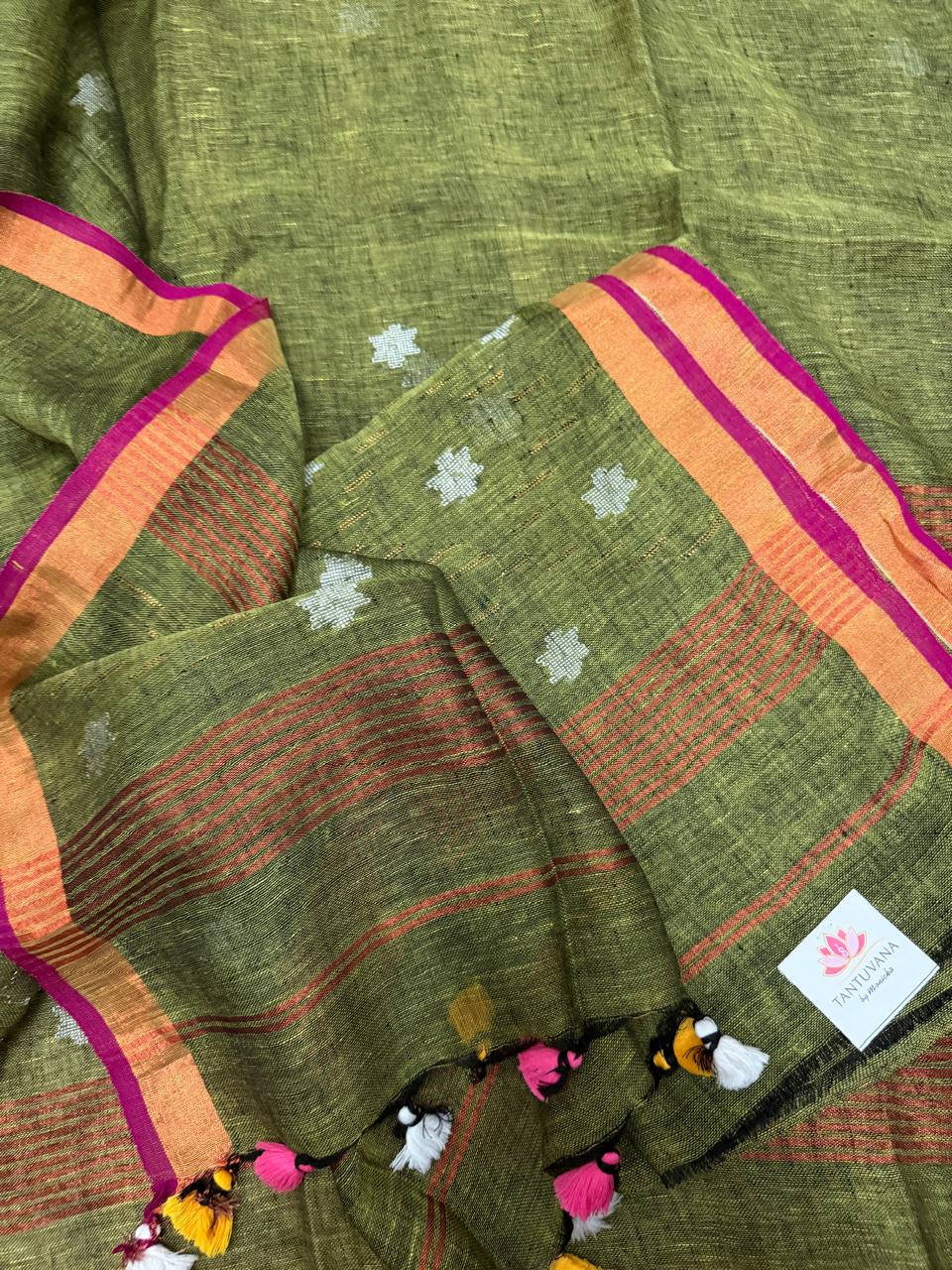 60 Lea linen Jamdani 2-piece suit fabric in Mehandi green – silver bronze star motifs and geometric daman border, handloom