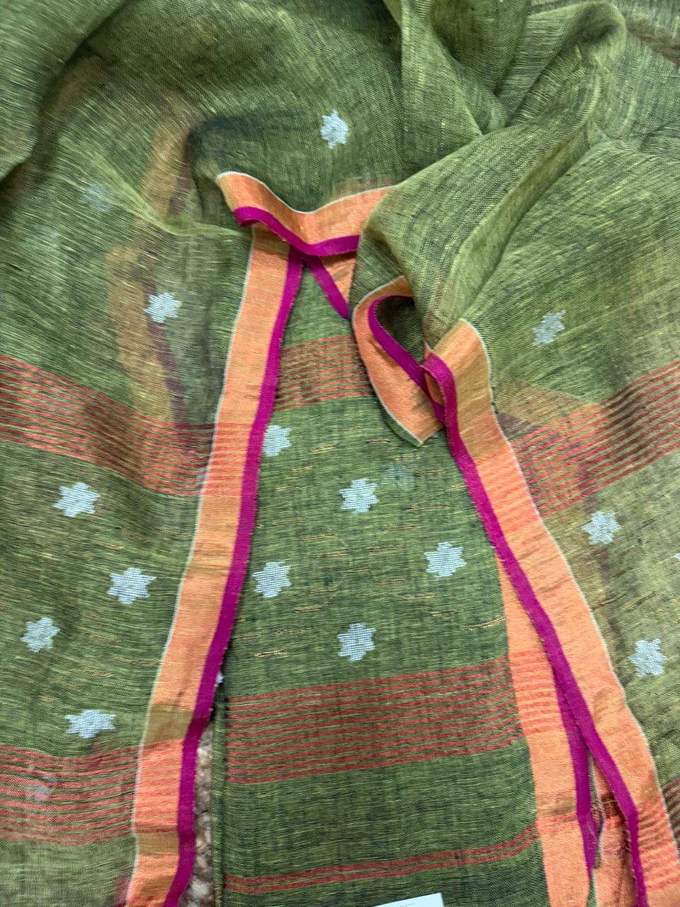 Handwoven 60 Lea linen Jamdani suit fabric in Mehandi green – silver and bronze metallic star motifs, Indian handloom 2-pc unstitched