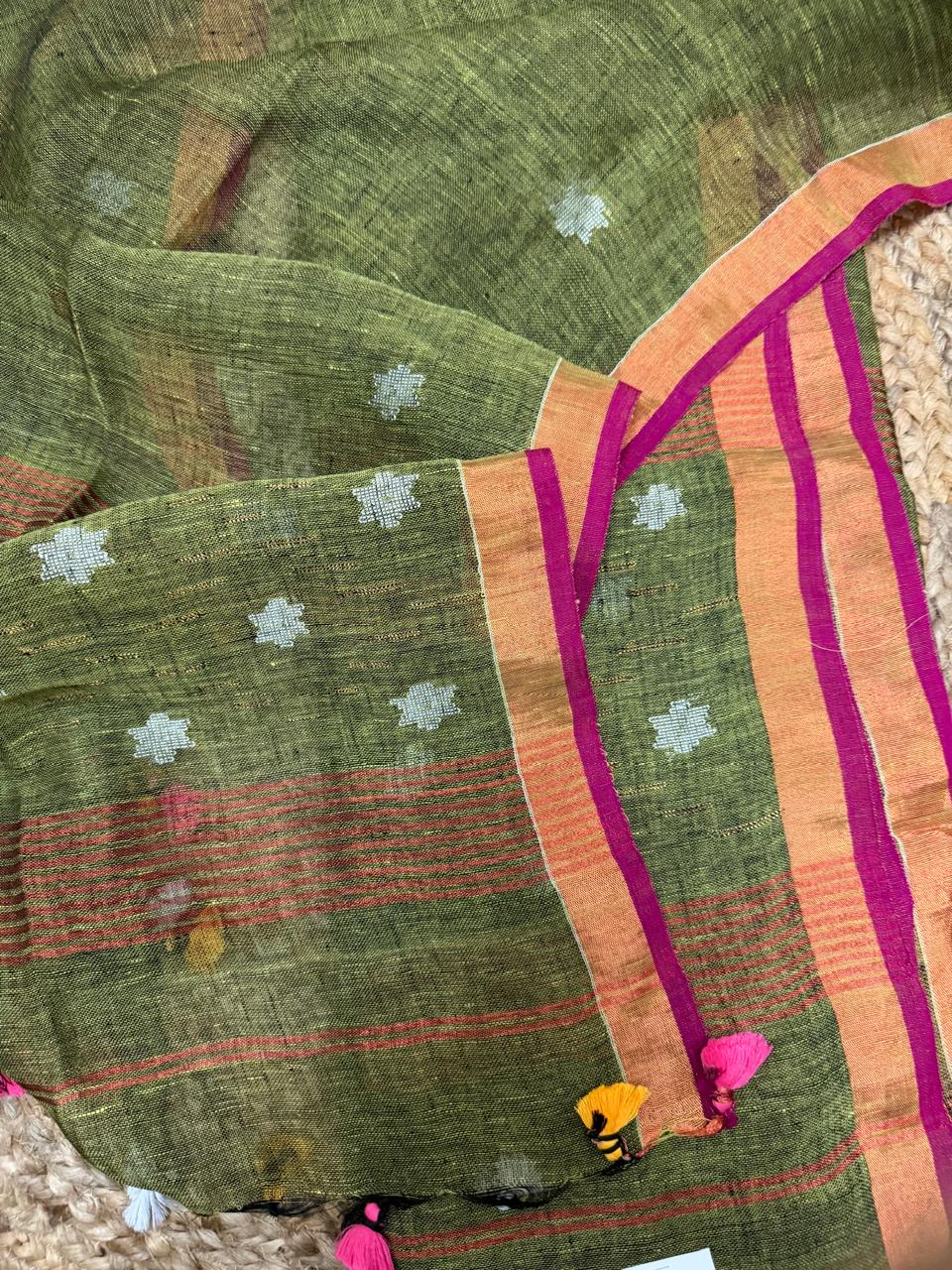 Handwoven 60 Lea Linen Jamdani 2-Piece Unstitched Suit | Mehandi Green & Metallic Stars