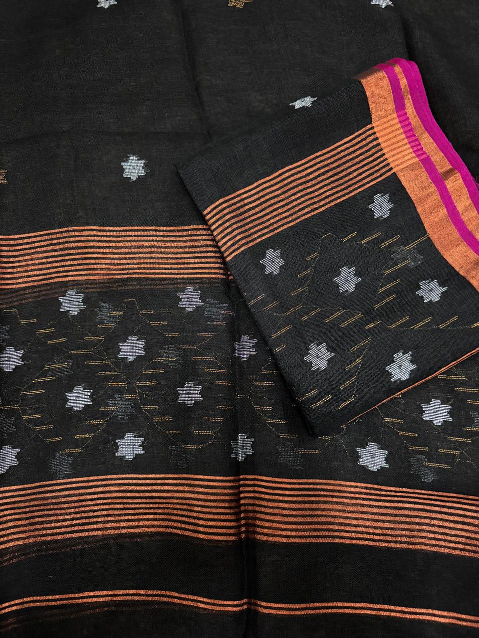 Handwoven midnight black linen suit fabric – Jamdani star Zari weave, Indian handloom 2-pc unstitched Kurta Dupatta set