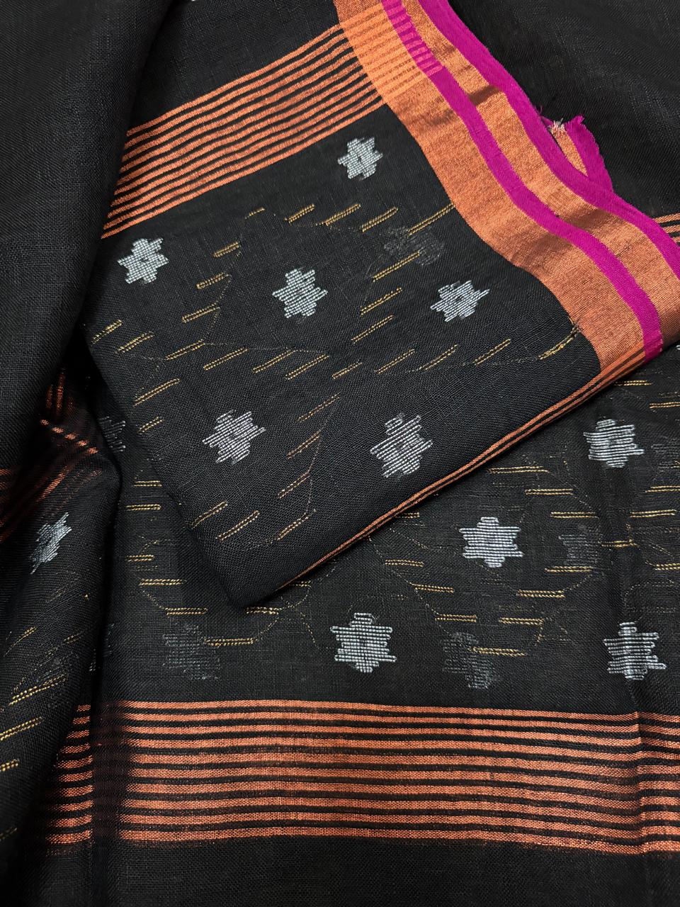 60 Lea linen Jamdani 2-piece suit fabric in midnight black – silver bronze star motifs and geometric daman border, handloom